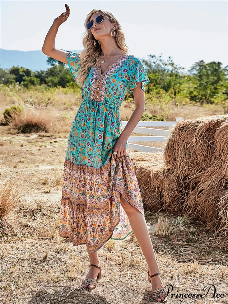 Flower Pattern Button V-neck Folded Rayon Beach Maxi Boho Dress bohodress-250126