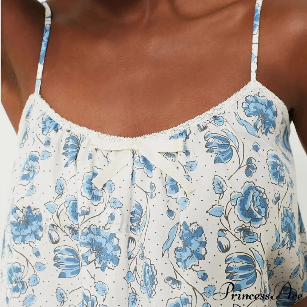 Flower Pattern Camisole Pajama Set Ribbon Trim Sleeveless Crop Shorts Two Pieces Set twopiecesset-250126