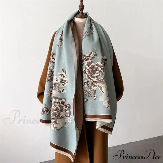 Flower Pattern Cozy Cashmere Winter Scarf blue scarf-241228