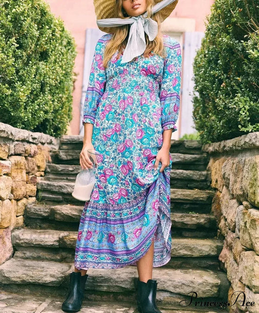 Flower Pattern Cross V-neck Button Summer Boho Dress Blue / S bohodress-250126