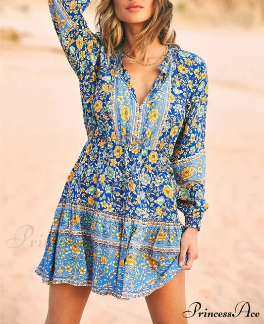 Flower Pattern Cultural Long Sleeve V-neck Button Belt Frills Mini Boho Dress Blue / S bohodress-250126