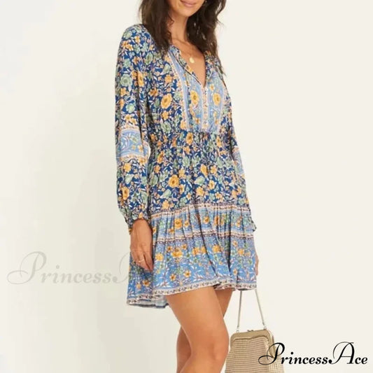 Flower Pattern Cultural Long Sleeve V-neck Button Belt Frills Mini Boho Dress bohodress-250126