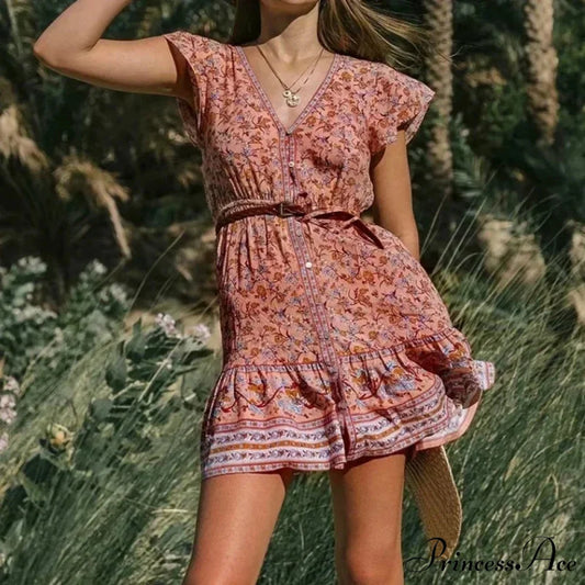 Flower Pattern Deep Plunge Short Sleeve Holiday Mini Bohemian Dress Pink / S bohodress-250126