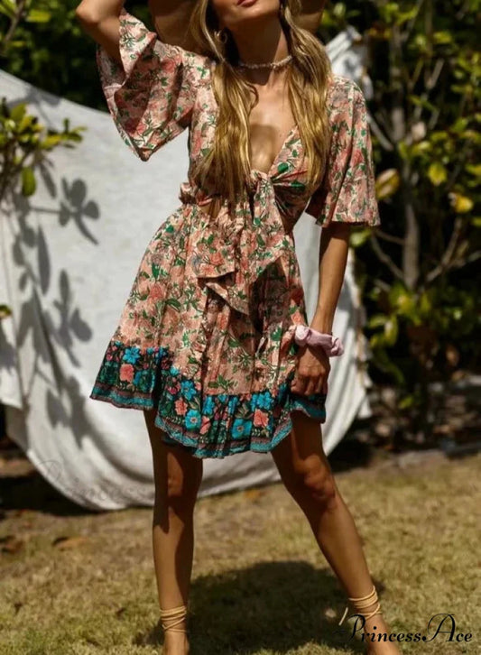 Flower Pattern Deep Plunge Waist Ties Batwing Sleeve Bow Mini Boho Dress as picture / S bohodress-250126