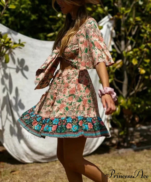Flower Pattern Deep Plunge Waist Ties Batwing Sleeve Bow Mini Boho Dress bohodress-250126