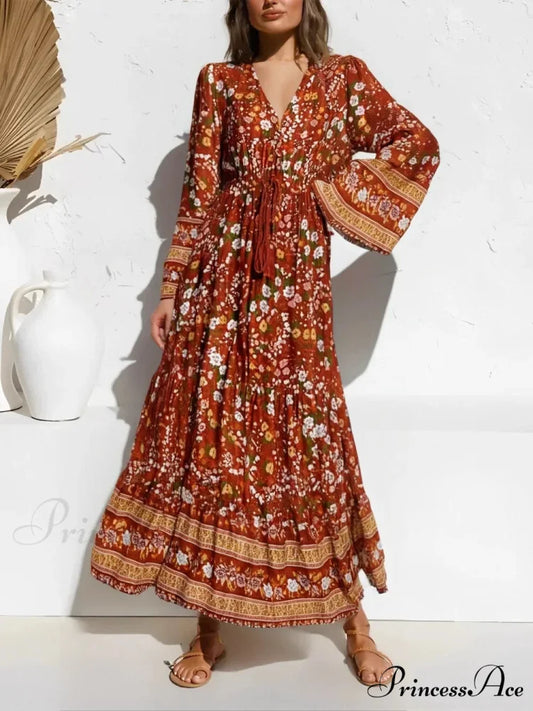 Flower Pattern Extended Sleeve Fringe Plunging Neckline Seaside Bohemian Dress orange / S bohodress-250126