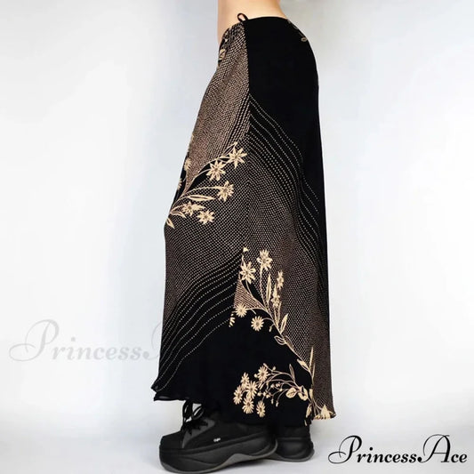 Flower Pattern Extended Vintage Shortened Decline Straight Medium Skirt Black / S skirt-250126