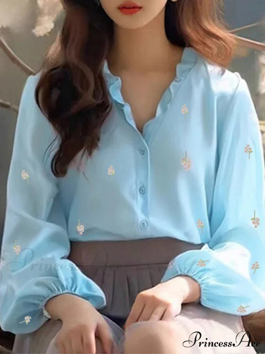 Flower Pattern Frilled Neck Blouse Informal Tunic Blue / S blouse-250126