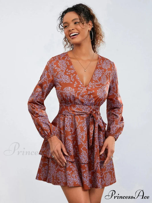 Flower Pattern Frills Tiered Mini Dress V-neck High Waist Flower Dress Red / S floraldress-250126