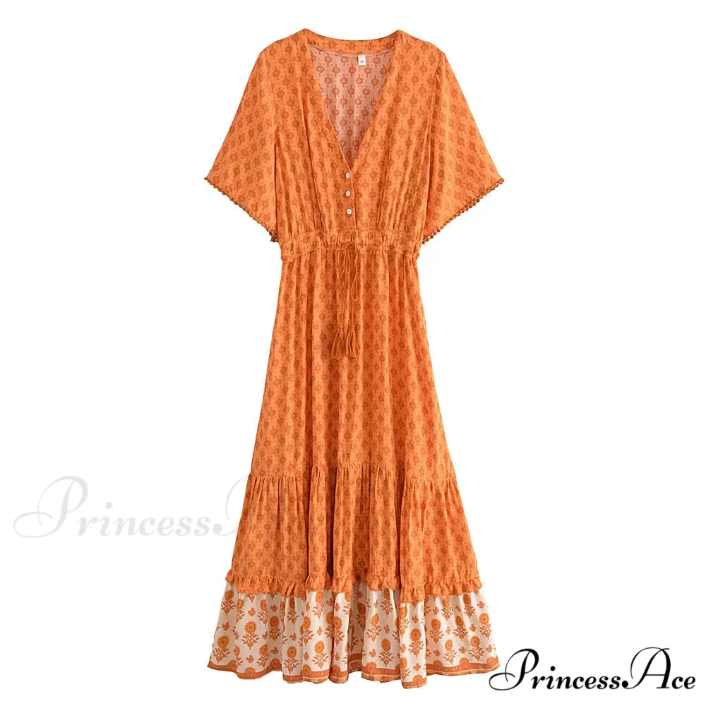 Flower Pattern Fringe V-neck Rayon Cotton Long Boho Dress bohodress-250126