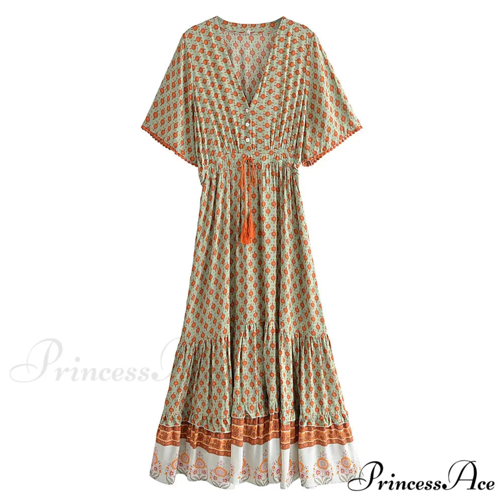 Flower Pattern Fringe V-neck Rayon Cotton Long Boho Dress bohodress-250126