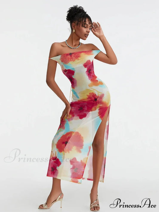 Flower Pattern High Separation Backless Off-Shoulder Tie-up Long Flower Dress MULTI / S floraldress-250126