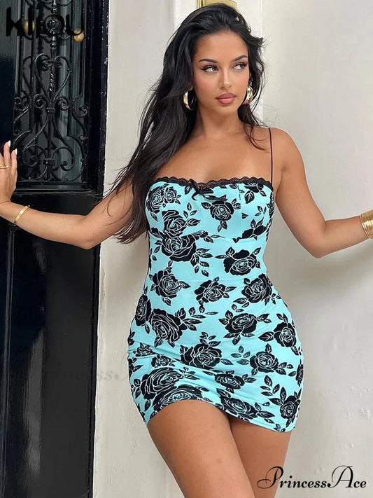 Flower Pattern Lace Patchwork Open-Back Bodycon Dress Blue / S floraldress-250126