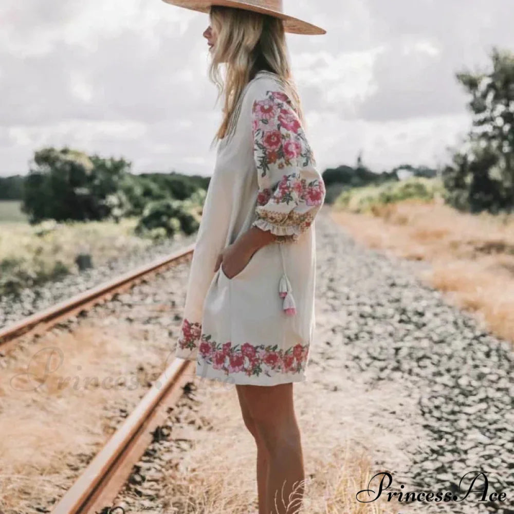 Flower Pattern Linen Cotton Mini V-neck Summer Boho Dress bohodress-250126