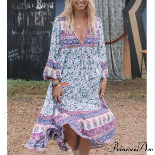 Flower Pattern Long Sleeve Fringe Loose V-neck Rayon Boho Midi Dress purple / S bohodress-250126