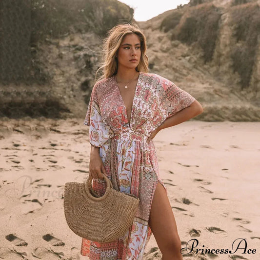 Flower Pattern Loose Dress Swimsuit Cover-Up Pink / S bohodress-250126