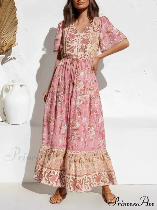 Flower Pattern Necktie Pleated Cotton Rayon Bohemian Dress red / S bohodress-250126