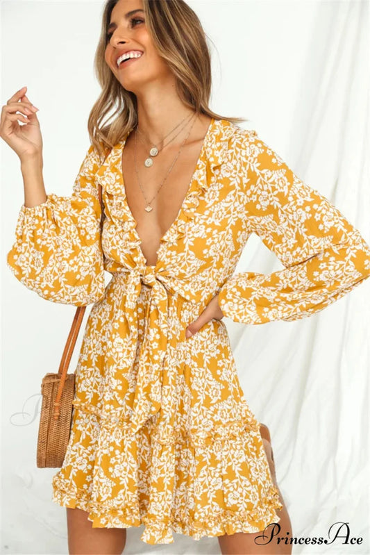 Flower Pattern Plunging Neckline Frills Long Sleeve Short Bohemian Dress Yellow / S bohodress-250126
