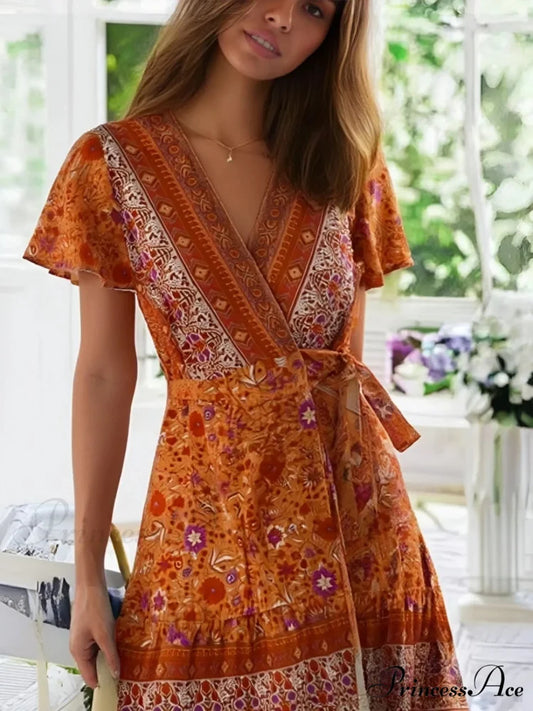 Flower Pattern Plunging Neckline Wrap Short Sleeve Mini Boho Dress Orange / S bohodress-250126