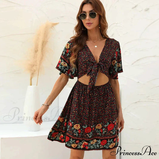 Flower Pattern Rayon Cotton Low-cut Hollow Out Mini Boho Dress Black / M bohodress-250126