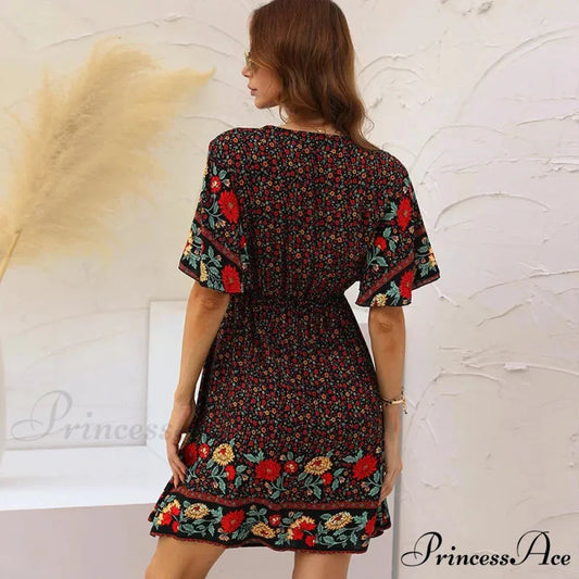 Flower Pattern Rayon Cotton Low-cut Hollow Out Mini Boho Dress bohodress-250126