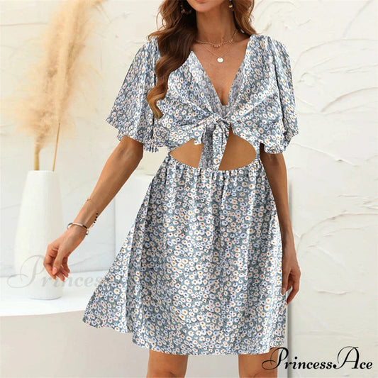 Flower Pattern Rayon Deep Bow Neck Short Sleeve Seductive Hollow Out Mini Boho Dress light Blue / M bohodress-250126