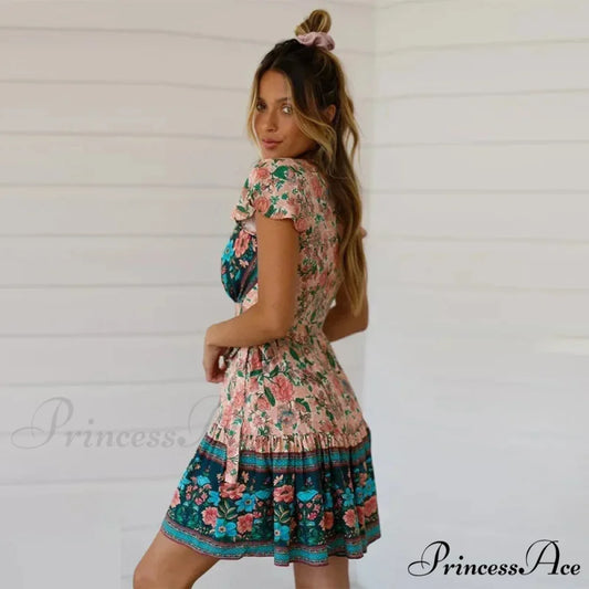 Flower Pattern Rayon Wrap Short Sleeve Seductive Holiday Mini Boho Dress bohodress-250126