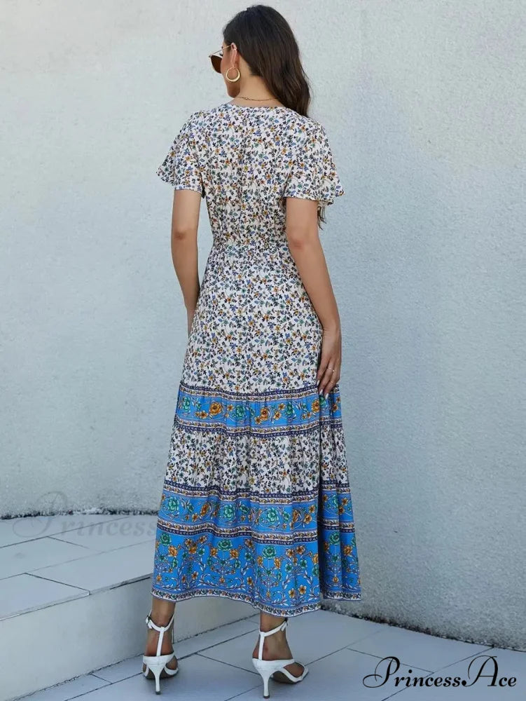 Flower Pattern Short Sleeve Button Loose Fringe V-neck Maxi Boho Dress bohodress-250126