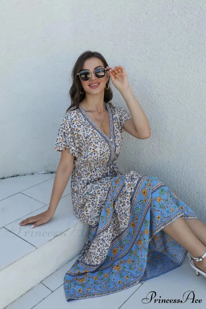 Flower Pattern Short Sleeve Button Loose Fringe V-neck Maxi Boho Dress bohodress-250126