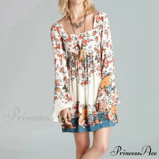 Flower Pattern Short Sleeve Frills Square Neckline Mini Boho Dress as picture / S bohodress-250126