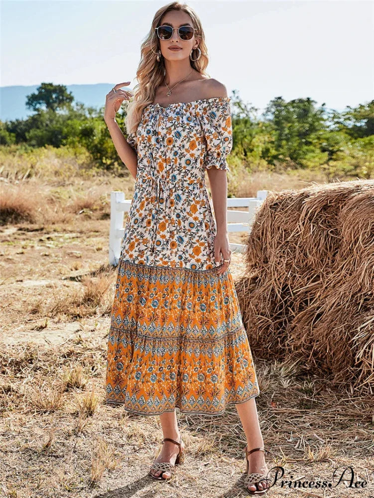 Flower Pattern Short Sleeve Off Shoulder Long Boho Dress bohodress-250126