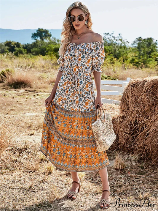 Flower Pattern Short Sleeve Off Shoulder Long Boho Dress YELLOW / S bohodress-250126