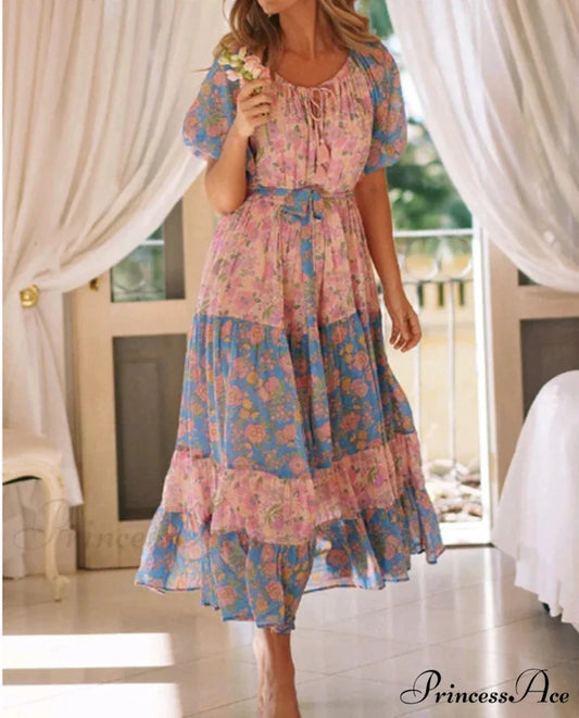Flower Pattern Short Sleeve Round Neck Sashes Fringe Boho Dress pink / S bohodress-250126