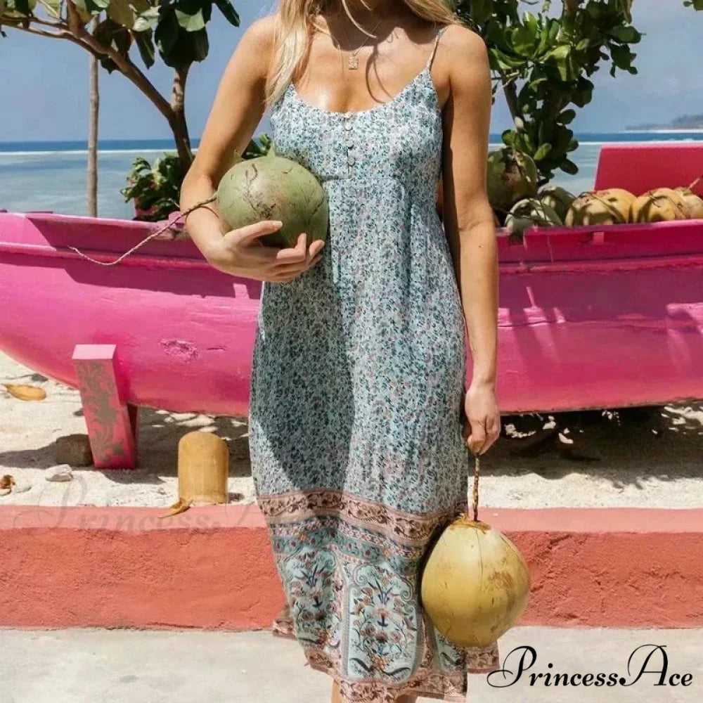 Flower Pattern Sleeveless Band Rayon Cotton Midi Boho Dress light blue / S bohodress-250126