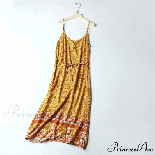 Flower Pattern Sleeveless Band Rayon Cotton Midi Boho Dress Yellow / S bohodress-250126