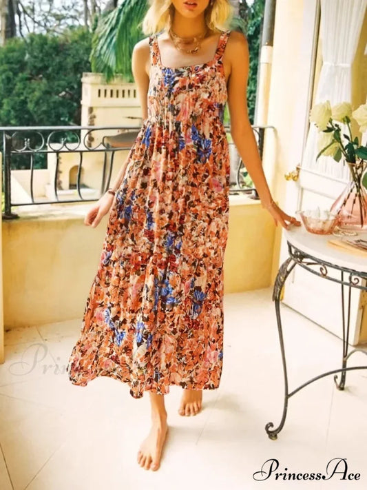 Flower Pattern Sleeveless Open-Back Rayon Holiday Maxi Bohemian Dress Brown / S bohodress-250126