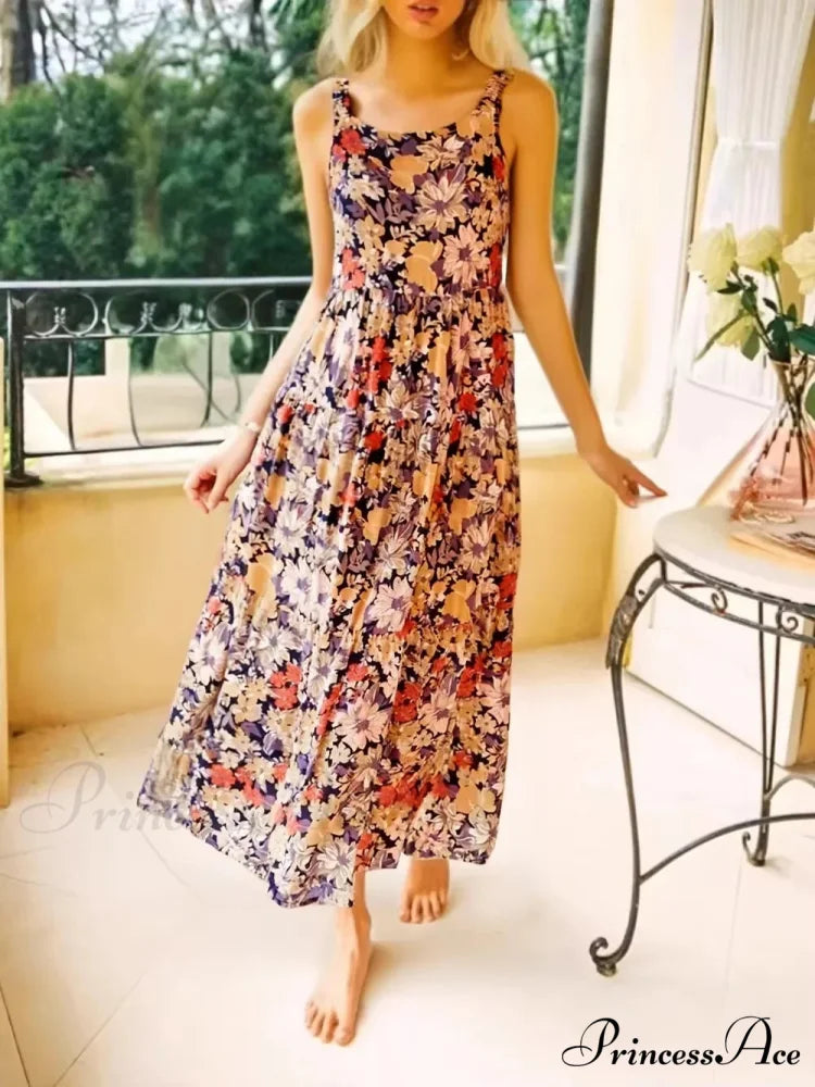Flower Pattern Sleeveless Open-Back Rayon Holiday Maxi Bohemian Dress Red / S bohodress-250126