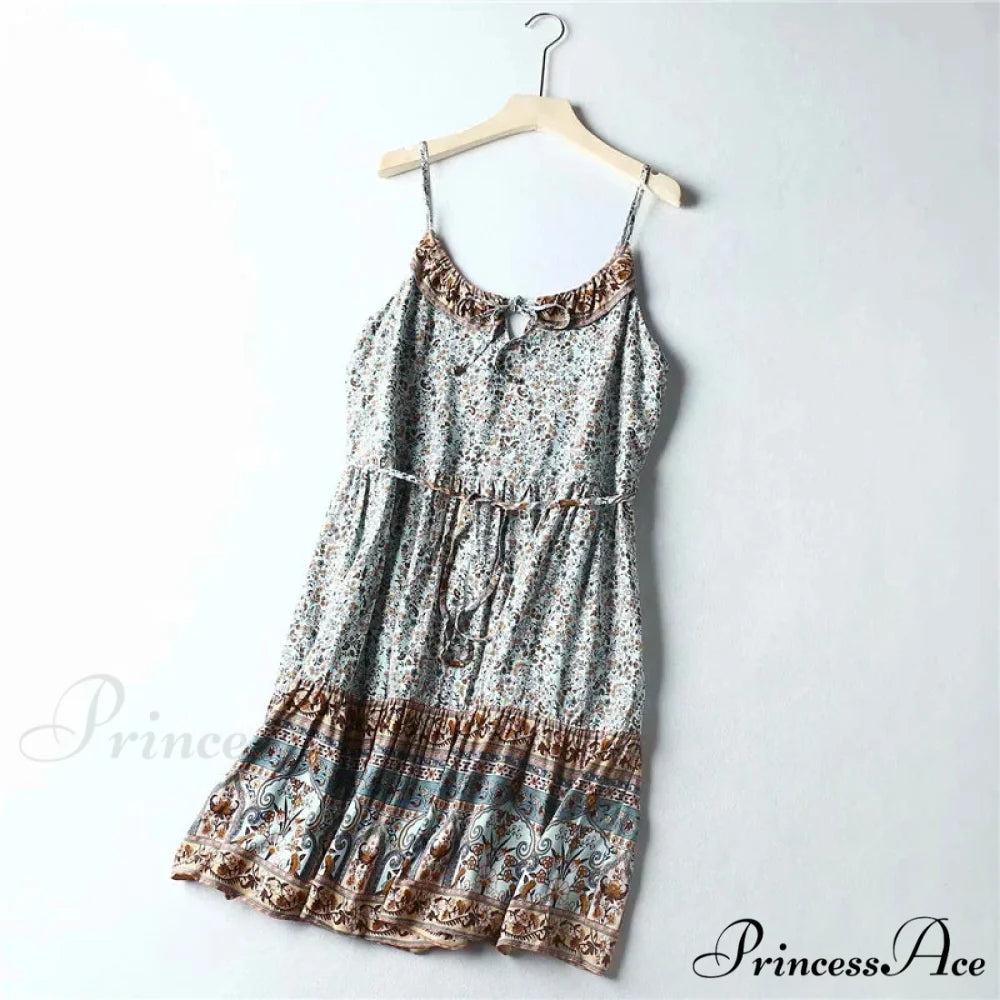 Flower Pattern Sleeveless Summery Rayon Mini Boho Dress light blue / S bohodress-250126