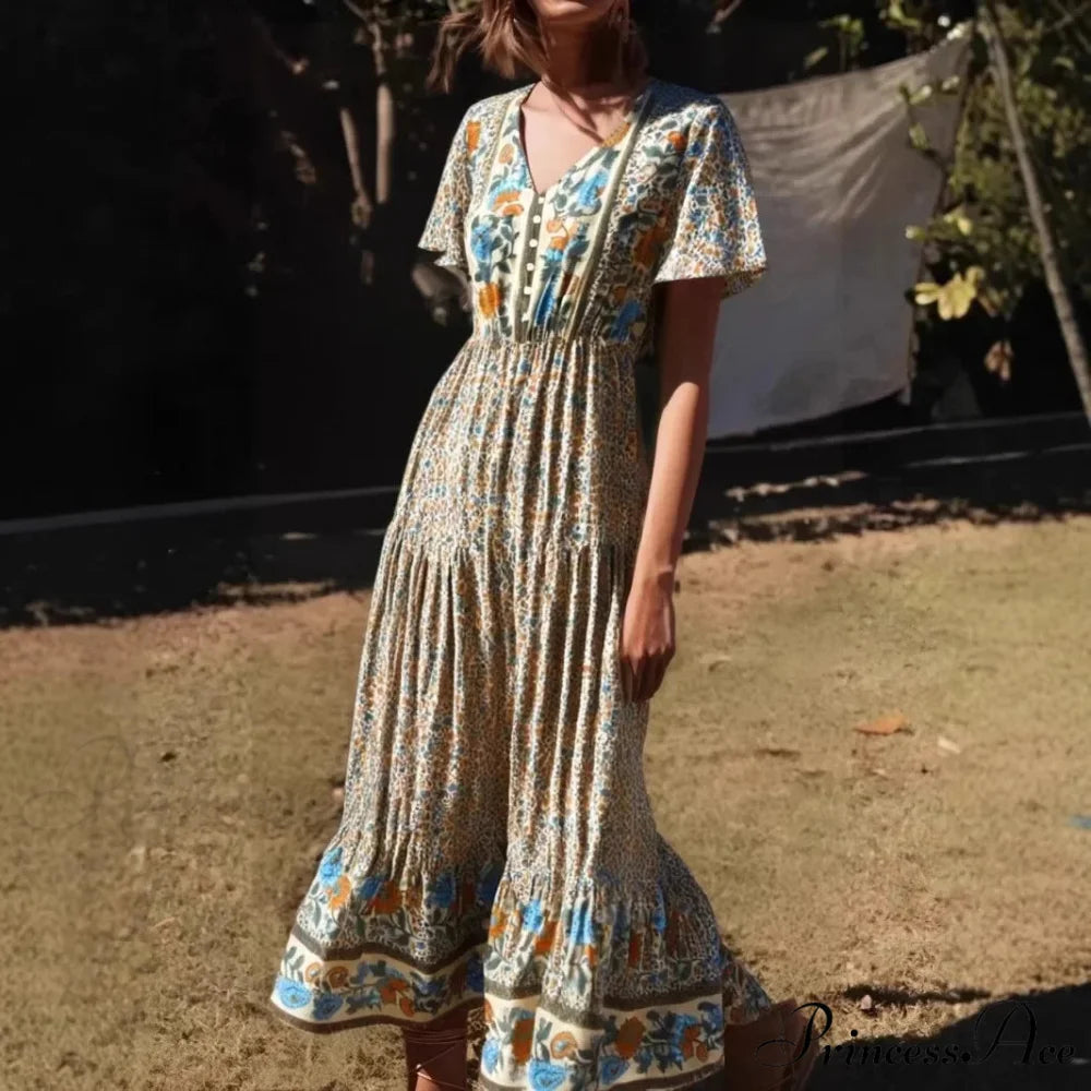 Flower Pattern Solitary Buttoned V-neck Short Sleeve Summertime Long Bohemian Dress Beige / S bohodress-250126