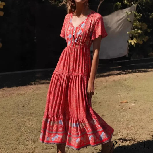 Flower Pattern Solitary Buttoned V-neck Short Sleeve Summertime Long Bohemian Dress Red / S bohodress-250126