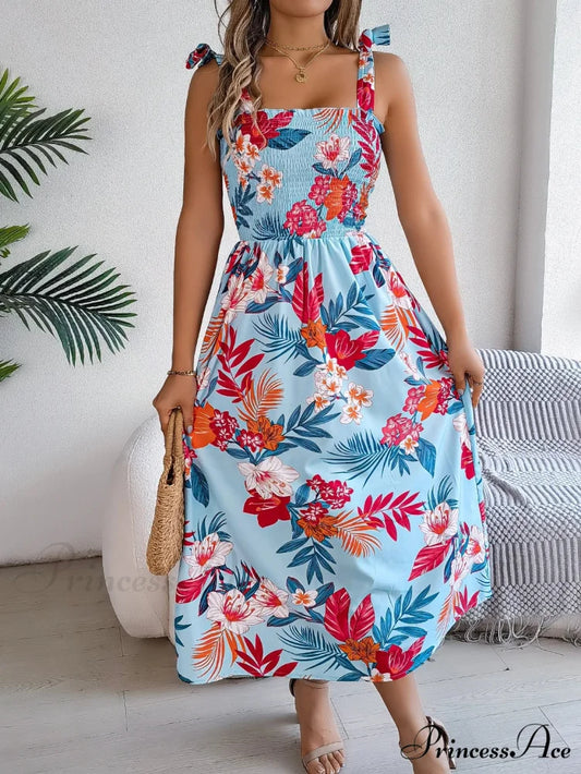 Flower Pattern Tie-up Sleeveless Holiday Flower Dress SKY BLUE / S oldfloraldress-250126