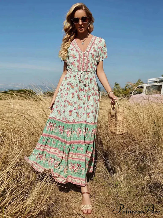 Flower Pattern V-neck Button Pleated Rayon Bohemian Dress GREEN / S bohodress-250126