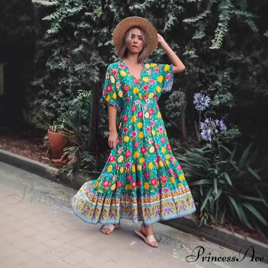 Flower Pattern V-neck Fringe Relaxed Seaside Maxi Boho Dress Green / S bohodress-250126