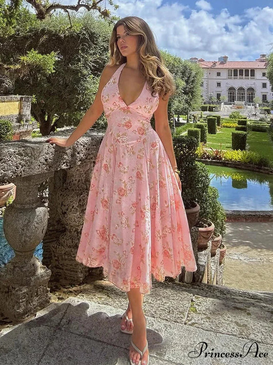 Flower Pattern Waist Wrap A-line Holiday Dress Pink / S vacationdress-250223