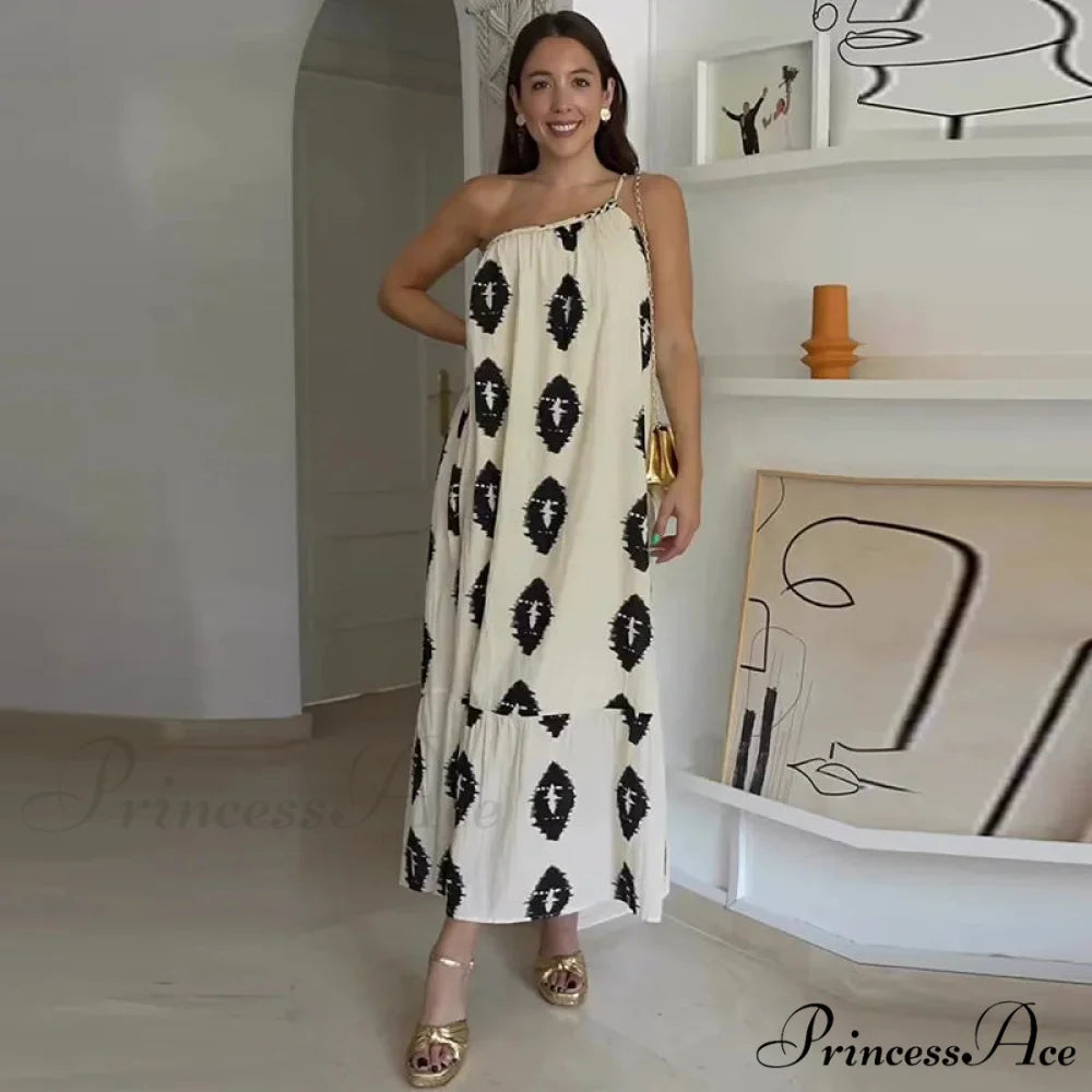 Flower Print Collar Party Vestidos Maxi Dress WHITE / XS