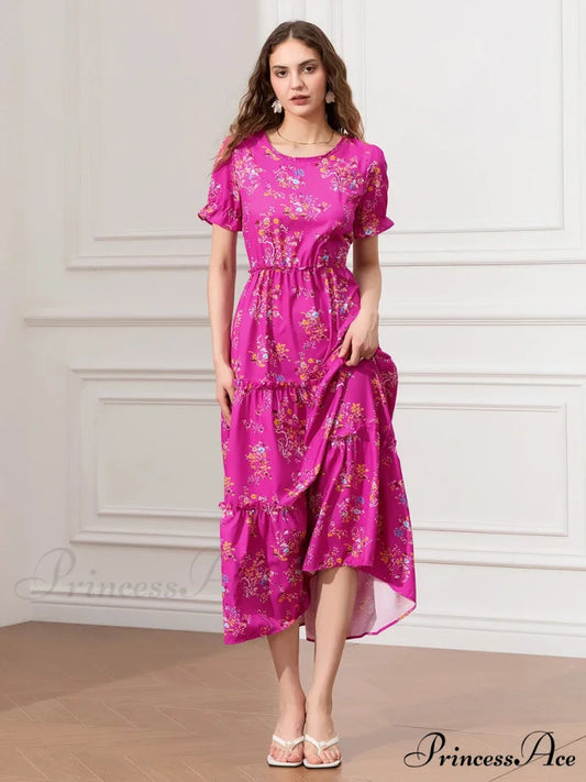 Flower Ruched Layered Puffy Sleeve Pleated Flowy Long Flower Dress Rose Red / S floraldress-250126