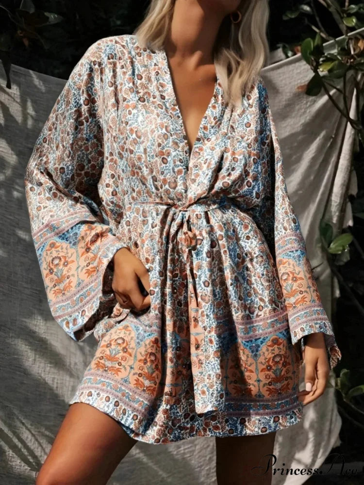 Flower Sashes Bohemian Kimono Swimsuit Cover-up Beige / S bohodress-250126
