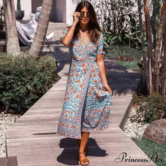 Flower Short Sleeve Belts Bohemian Dress Blue / S bohodress-250126