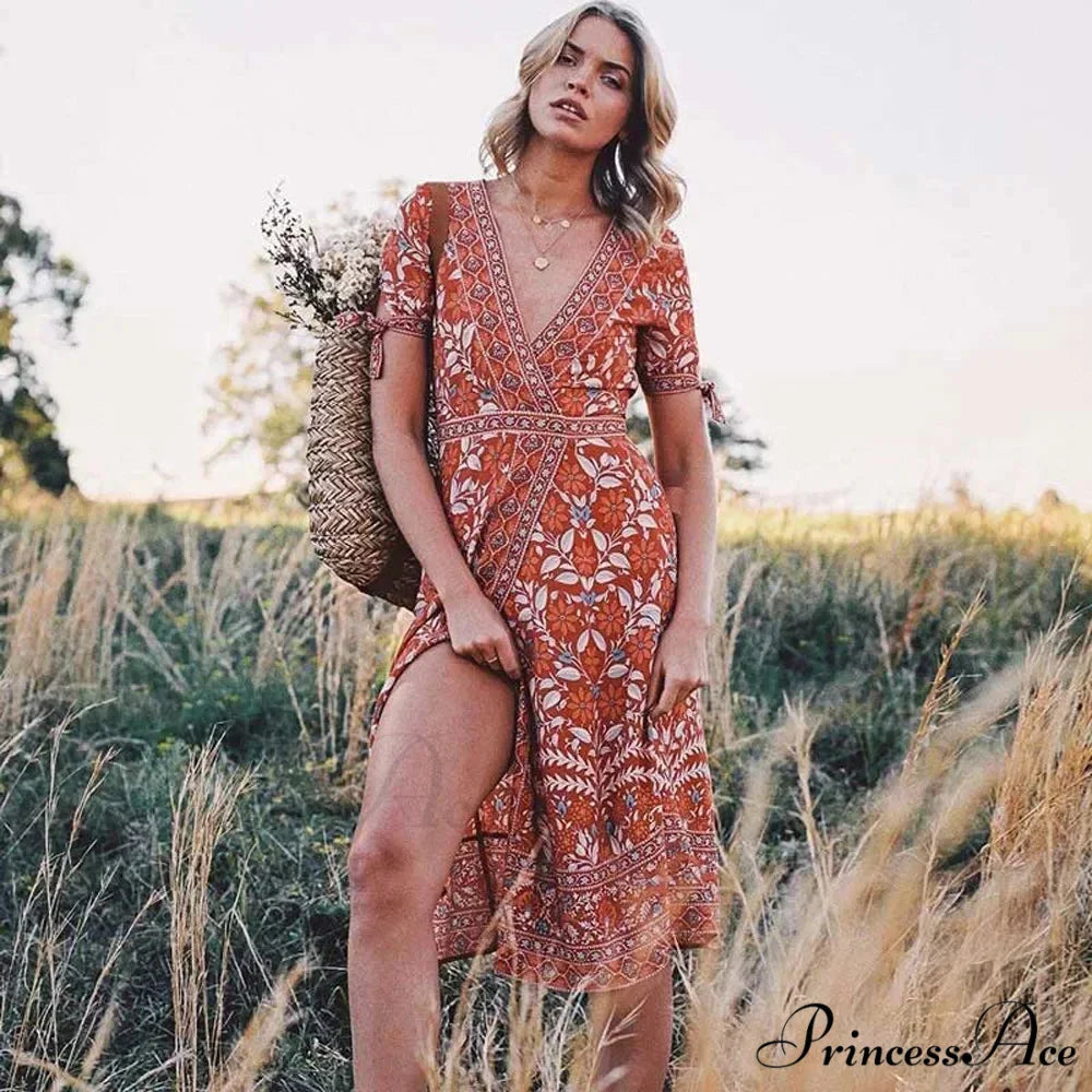 Flower Short Sleeve Belts Bohemian Dress bohodress-250126