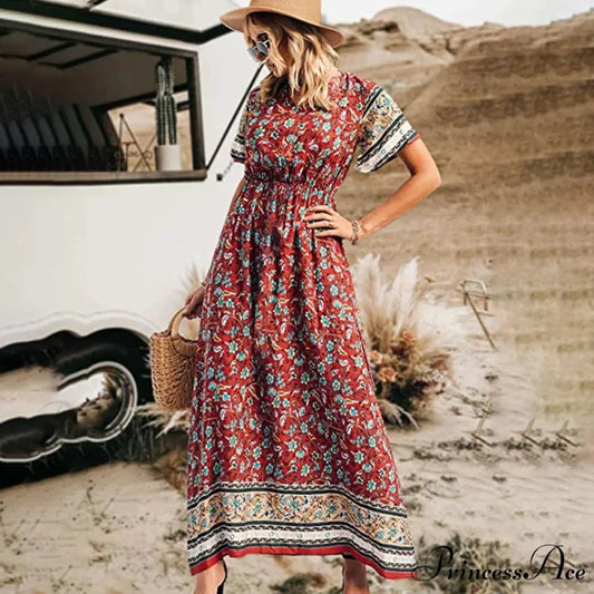 Flower Short Sleeve Seaside Bohemian Dress Red / S bohodress-250126